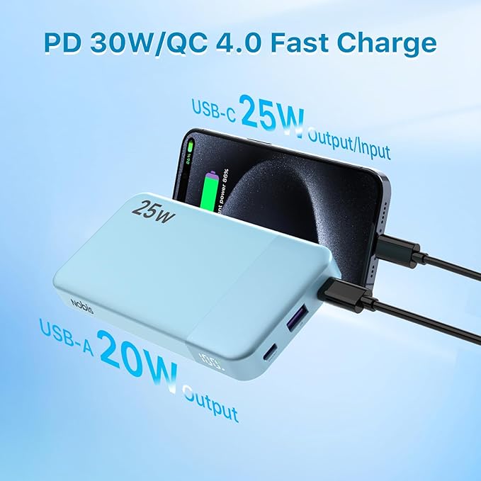 NOBIS Portable Charger, 10000mAh Power Bank Fast Charging, Battery Pack with C to C Cable, Battery Bank with Digital Display for iPhone iPad Android etc (Blue, 25W)