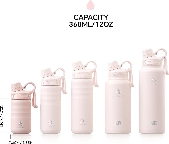 IDEUS Insulated Water Bottle 12oz, Stainless Steel Insulated Water Bottle For School, Insulated Bottles With Straws Leakproof, Vacuum Double Wall Water Bottles For Boys And Girls With 2 Lids, BPA Free