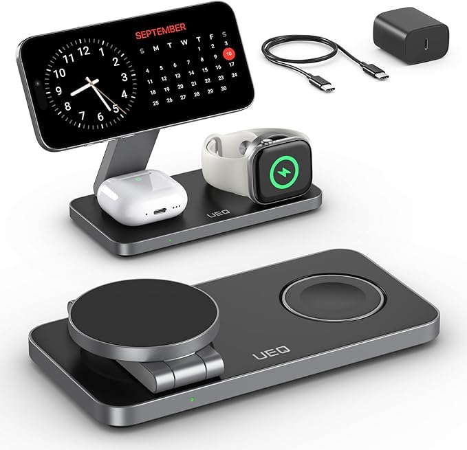 Foldable 3 in 1 Wireless Charging Station for Apple Magsafe Charger Stand,Fast Magnetic Wireless Charger Station for iPhone 17 Air 16 15 14 13 12 Series,Airpods Pro,Apple Watch Ultra (Pure Black)