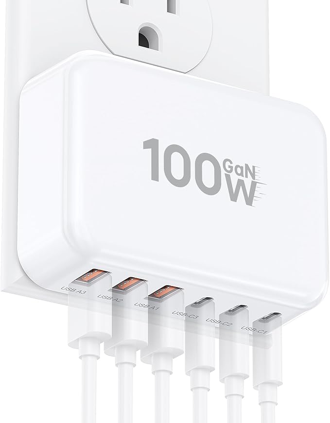 Fast Charger Block, GaN 6 Port USB C Charging Station Hub Cube, 100W Multiport Type C Wall Charger Power Strip Plug with PD 3.0+QC for iPhone13 14 15 16 17 Pro Max XR XS 8 7, Samsung, iPad, Table