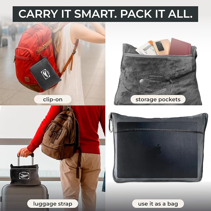 FlyHugz Grey Travel Blanket & Pillow Set (59.1"x47.2") with Carry Case, Luggage Sleeve & Clip – Portable, Lightweight, Breathable & Washable – Perfect for Plane, Car, Camping & Travel