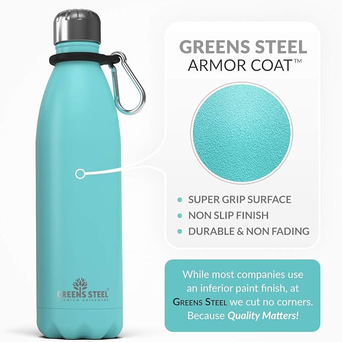 Greens Steel Stainless Steel Water Bottle - 17 oz, Blue | Vacuum Insulated Double Wall with Screw Lid/Leak Proof | Thermal Travel Sports Canteen Coffee Flask