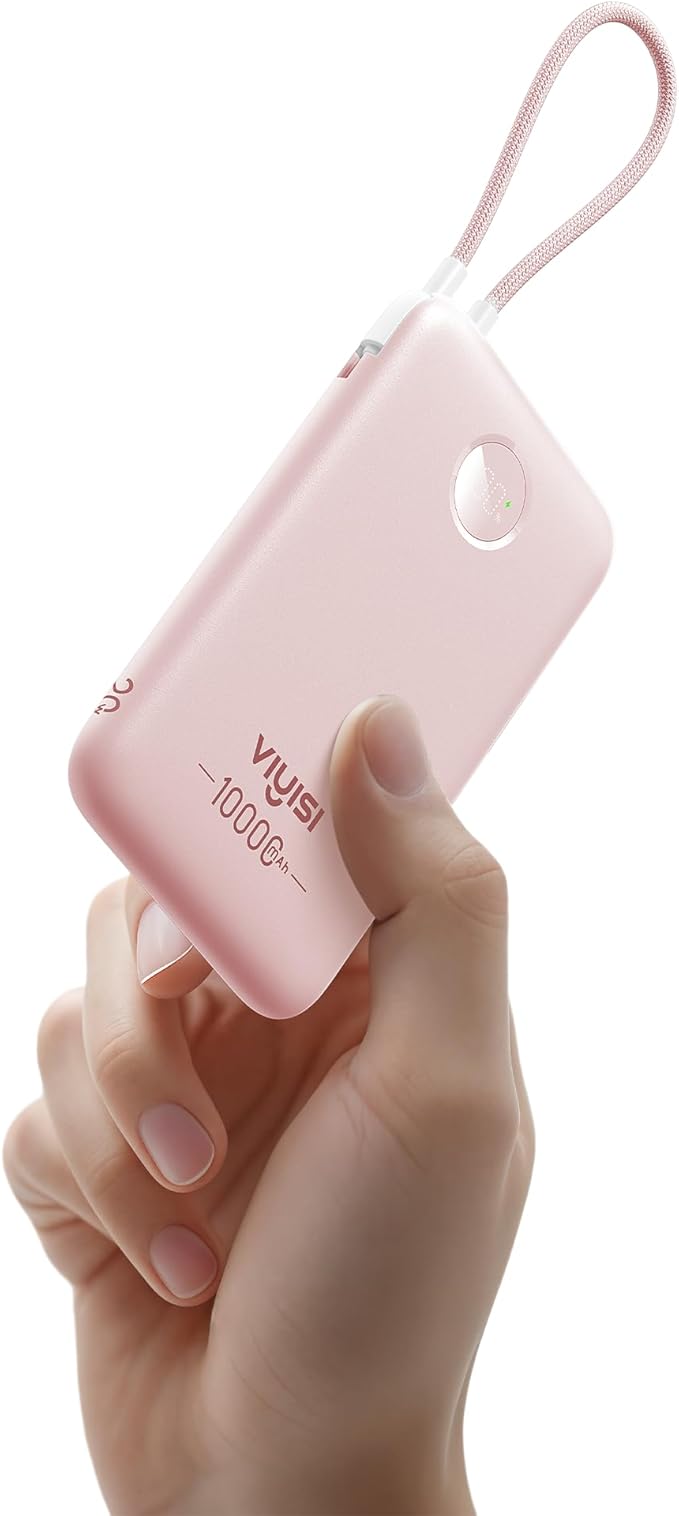 Slim Portable Charger 10000mAh, Travel Power Bank with Built-in USB-C Cable & LED Display, 22.5W Fast Charging Battery Pack Compatible with iPhone 16 15 Samsung S24 S23 -Pink