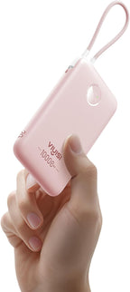 Slim Portable Charger 10000mAh, Travel Power Bank with Built-in USB-C Cable & LED Display, 22.5W Fast Charging Battery Pack Compatible with iPhone 16 15 Samsung S24 S23 -Pink