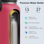 koodee Insulated Water Bottle, 32oz Stainless Steel Double Wall Vacuum Wide Mouth Sport Bottle with Leakproof Spout Lid (Pink Red)