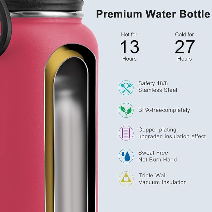 koodee Insulated Water Bottle, 32oz Stainless Steel Double Wall Vacuum Wide Mouth Sport Bottle with Leakproof Spout Lid (Pink Red)