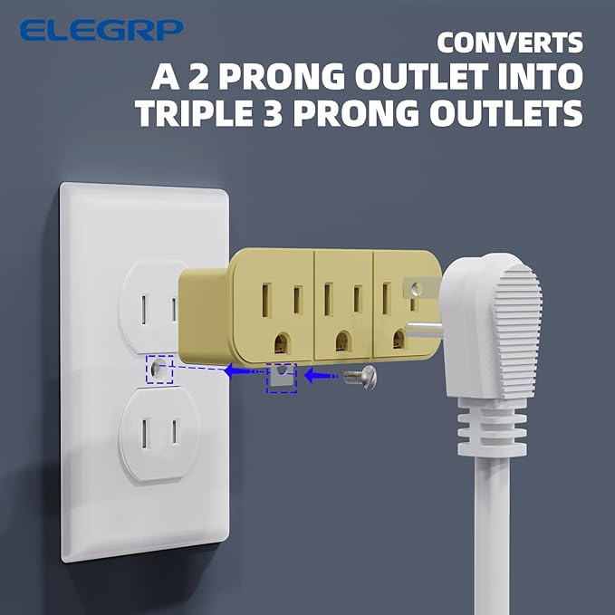 ELEGRP 2 to 3 Prong Grounded Triple Outlet Extender, 2-Prong to 3-Prong Adapter Converters for Wall Outlets, Portable Polarized Wall Plug Splitter with 3 AC Outlets, ETL Listed, 3 Packs, Ivory