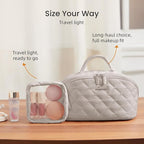 LOVEVOOK Travel Makeup Bag for Women, 2Pcs Puffer Waterproof Cosmetic Organizer, Large Capacity Pouch Open Flat Small Toiletry Bag with Brush Compartment & Handle (Light khaki, Medium)