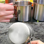 Stainless Camping Cup, 350ml Stainless Steel Camping Cup with Lid and Foldable Handle, High Temperature Direct Heating, Great for Backpacking