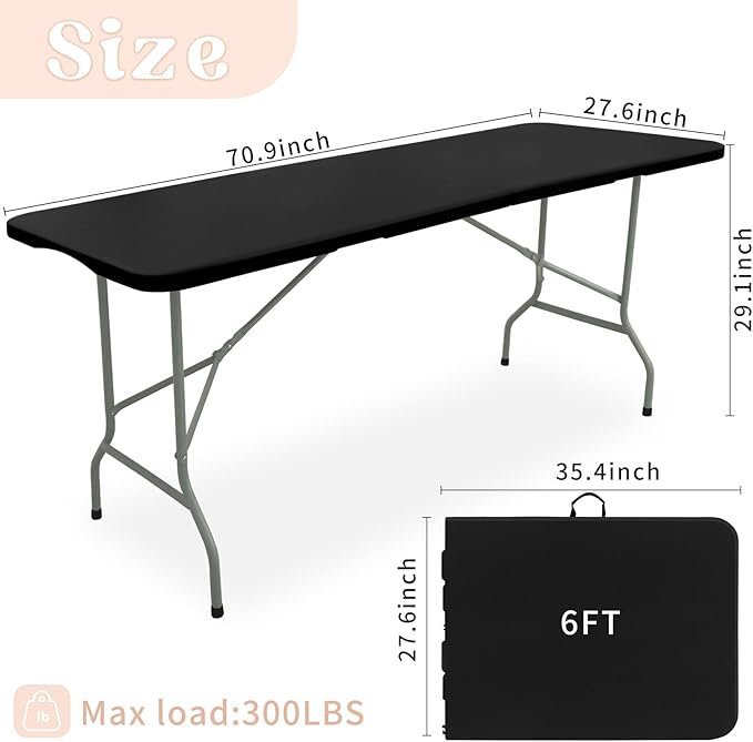 Folding Table 6 FT Camping Table Portable Plastic Rectangular Outdoor Dining Table Steel Legs Fold-in-Half with Carrying Handle for Indoor,Picnic,Party,Wedding,Events(Black)