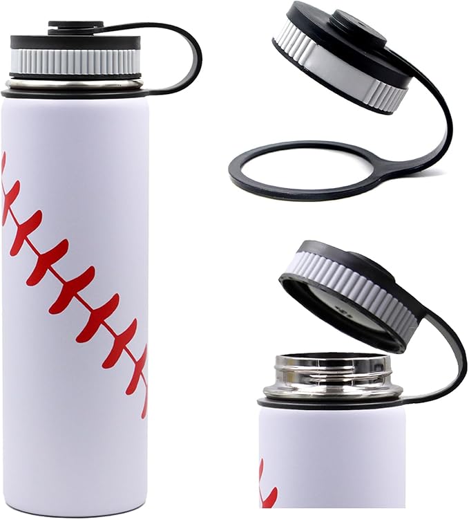 22 oz Baseball Water Bottle, Sports Cup Flask Metal Travel Mug with 2 Lids, Stainless Steel Double Wall Vacuum Insulated Leak Proof Water Bottles, Baseball Accessories Gifts for Mom Men Fan Boys Girls