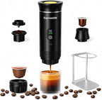 Portable 3-in-1 Espresso Coffee Maker – Self-Heating, Rechargeable USB-C & Smart LED Display, 20-Bar Extraction, Works with Ground Coffee & NS/DG Capsules, Camping (With Stand Holder)