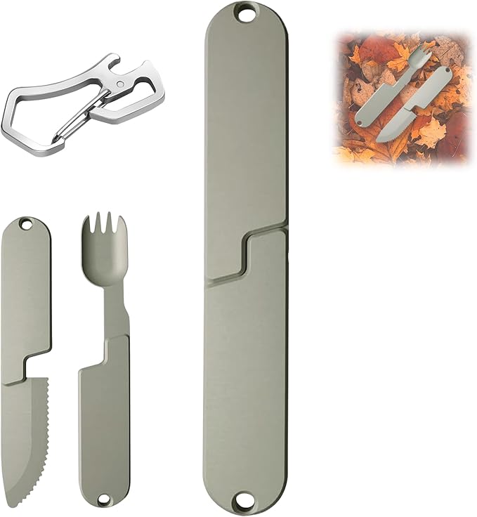 Kopak 2 in 1 Camping Eating Utensils Set,Reusable Magnetic Camping Utensils Set,Portable Detachable Folding Fork Spoon for Lunch,Hiking,Outdoor Survival,Travel Utensils(1Set)