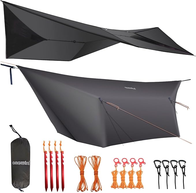 onewind 12×10 ft Hammock Tarp, Ultralight Versatile Camping Tarp Lightweight Waterproof Silnylon Hammock Rain Fly with Doors, Easy to Setup with Stuff Sack Tent Stakes, Dark Grey