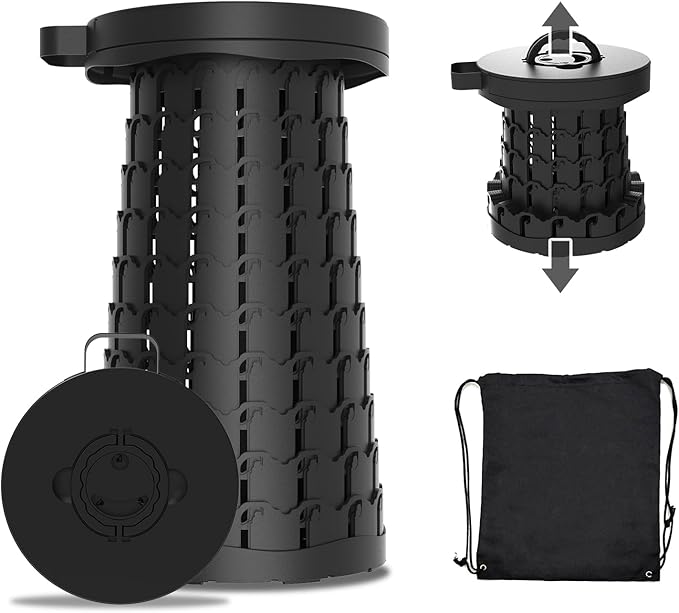 Upgraded Collapsible Stool with Max Load Capacity 330lbs Portable Telescoping & Folding Design Retractable Seat for Camping, Gardening, Fishing & Outdoor Adventures (Black)