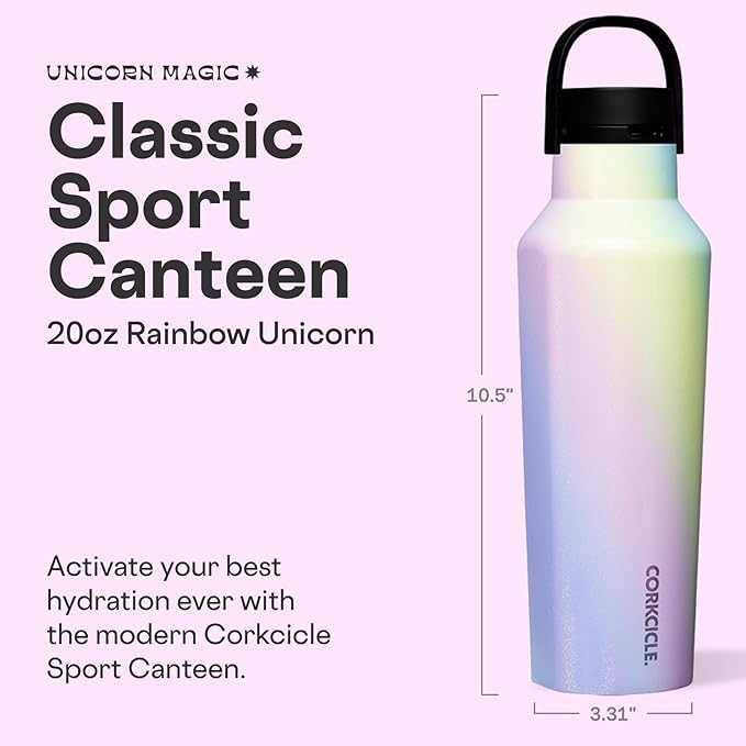 Corkcicle Sport Canteen - Keeps Drinks Cold 25 Hours - Stainless Steel Water Bottle - Triple-Insulated - Spill-Proof - Summer Drinkware Gift - Keeps Drinks Ice Cold - 20 oz - Rainbow Unicorn