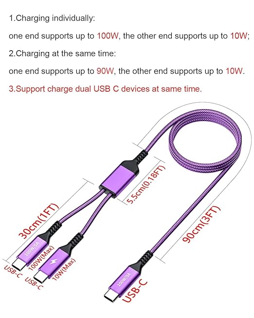 4FT 2 in 1 100W USB c to Dual USB-C Fast Charging Cable,iPhone 15 USB C to Double Type c Cable for MacBook Pro/Air,iPad Pro/Air,iPhone 15 Plus/15 Pro Max,Samsung Galaxy S24/S23/S22/S21,Moto,Switch