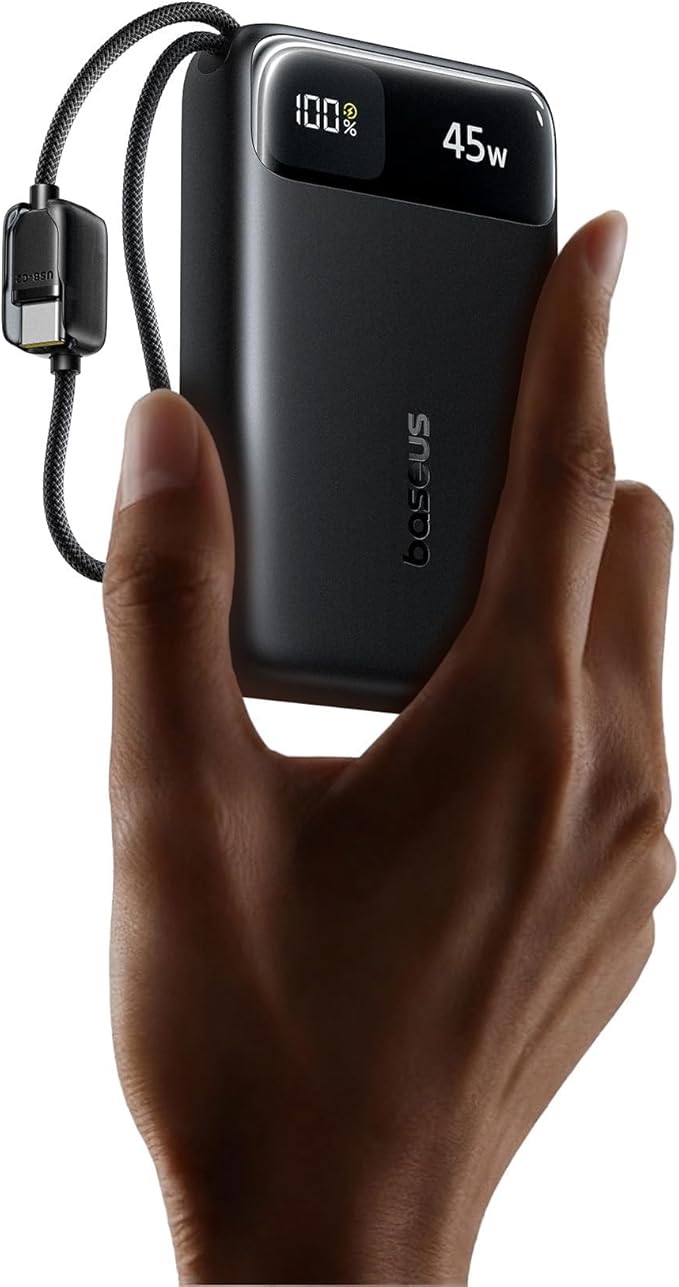 Baseus 20000mAh Compact Portable Charger 45W, CCC Certified Power Bank Built-in USB-C Cables, Travel Essential PD Fast Charging Battery Pack for iPhone 17/16 Series Galaxy S25/S24 Ultra Google iPad