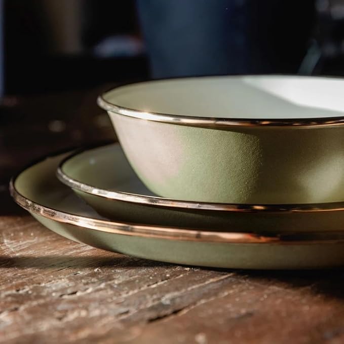 Barebones 2-Tone Salad Plate - Set of 2, 8-Inch Salad Plate - Enamelware Plates - Durable Kitchen or Camping Plates (Olive Drab)