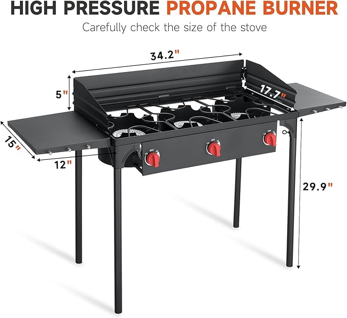3 Burner Propane Burner, 225,000 BTU High Pressure Propane Stove with Windscreen ＆ Side Shelves, Outdoor Propane Gas Stove with 0-20 PSI Regulator for Camping, Backyard, Outdoor Cooking