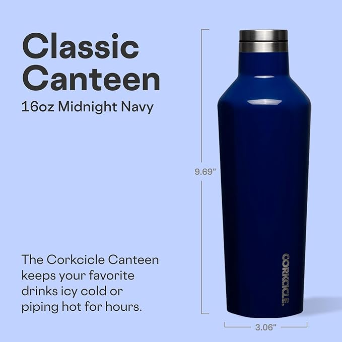 Corkcicle Classic Canteen Insulated Water Bottle - Stainless Steel Reusable Tumbler - Triple Insulated - Keeps Drinks Cold 25 Hours or Hot 12 Hours - Cupholder Friendly - Midnight Navy - 16 oz