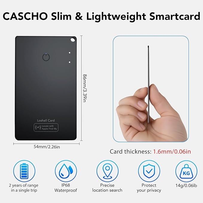 Wallet Tracker Card [Apple MFi Certified] Air Tracker Tag, 0.06in Rechargeable Smartcard Work with Apple Find My, Keys Finder and Item Locator for Passport, Bags, Laptop, Black 1 Pack, iOS only, EB