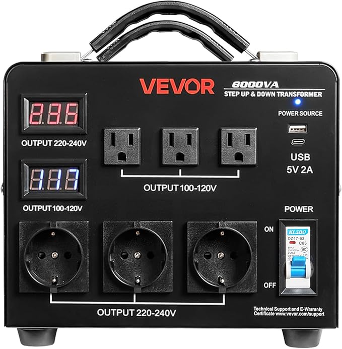 VEVOR Voltage Auto Converter Transformer, 6000VA, Heavy Duty Step Up/Down Power Transformer, 110V to 220V and 220V to 110V, with 3 US Outlets, 3 EU Outlets, LCD Display, Circuit Breaker Protection