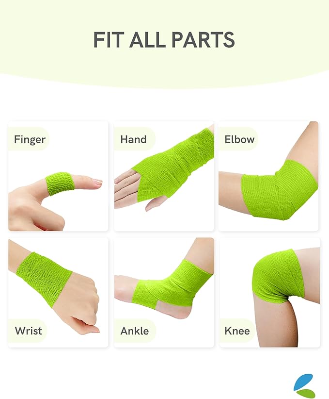 FriCARE Self Adhesive Bandage Wrap, Medical Tape in First Aid Kit, Cohesive Bandages for Wounds Sport Vet, FSA/HSA Eligible, 2 Inches X 5 Yards 6 Rolls, Grass Green