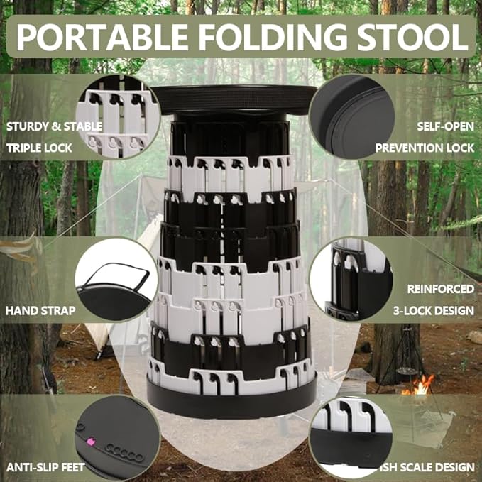 2025 Collapsible Stool Chair, Upgraded Folding Stool for Adults Lightweight, Sturdy, Adjustable, Portable, Foldable Seat Sturdy Stools for Outdoor Camping Fishing Hiking Gardening BBQ