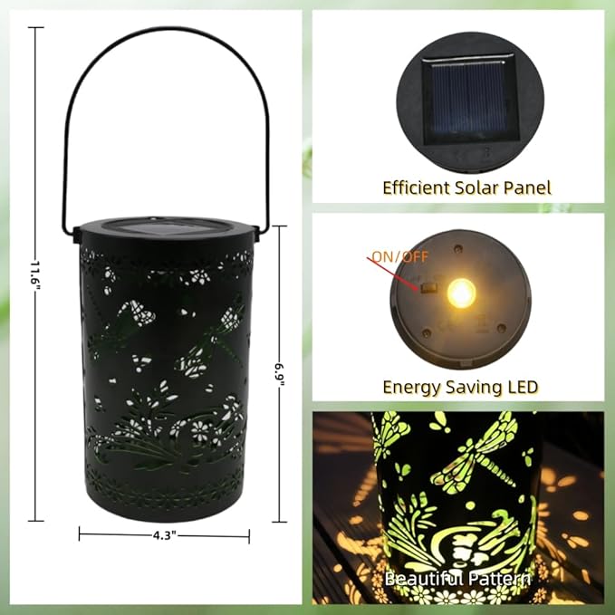 2 Pack Dragonfly Hanging Solar Lanterns Outdoor Waterproof,Black Metal Hollowed-Out Decorative Lanterns Solar Lights for Outside Yard Porch Tabletop Stairs Garden Decor