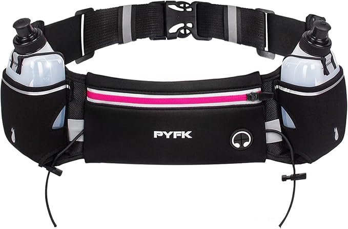 PYFK Upgraded Running Belt with Water Bottles, Hydration Belt for Men and Women, Water Bottle Holder Running Pouch Belt, Fanny Pack Fits 7 inches Phones, Waist pack for Running Hiking Climbing