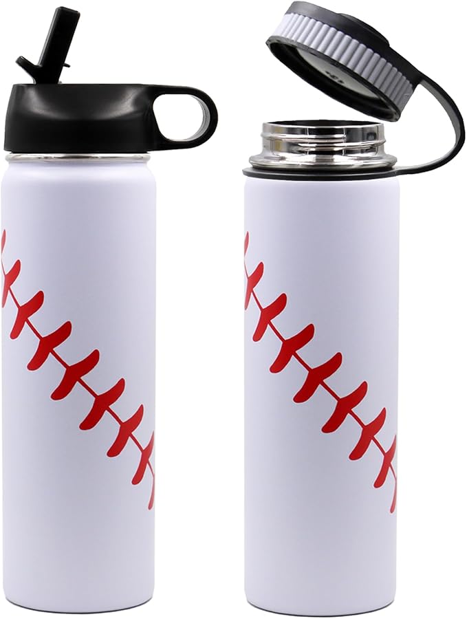 22 oz Baseball Water Bottle, Sports Cup Flask Metal Travel Mug with 2 Lids, Stainless Steel Double Wall Vacuum Insulated Leak Proof Water Bottles, Baseball Accessories Gifts for Mom Men Fan Boys Girls