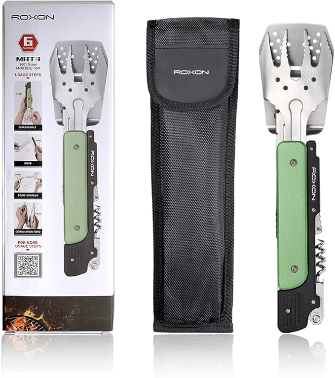 ROXON S601 14" 6 in 1 MBT3 Folding Grill Utensils Set Fork Spatula Grilling Knife Tongs Opener for Backyard Barbecue and Camping (Green)