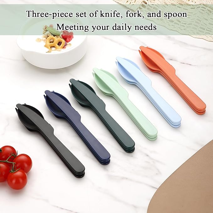 Evanda Travel Utensils Set for 6, Reusable Plastic Knife Fork Spoon Snapped Together for Easy Portability and Save Space, Silverware Cutlery Utensils Set for Work, Camping, Picnic, Gadgets, Lunch Box