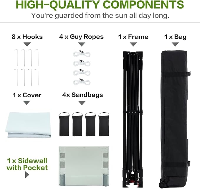 8'x8' Pop Up Canopy Tent with 1 Sidewall and 6 Pockets, One Push Setup, Instant Shade Tent with Vented Roof for Beach Patio Outdoor, Case, 8 Stakes, 4 Ropes, 4 Sandbags (White, 8x8)