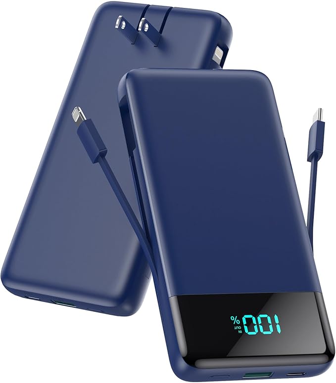 Portable Charger for iPhone with Built in Cables and Wall Plug,Upgraded 13800mAh Fast Charging USB C Power Bank,4 Outputs Travel Essential Battery Pack Compatible with iPhone 15/14/13/12,Samsung-Blue