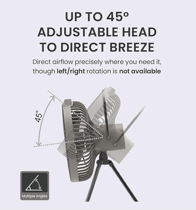 Claymore V600+ Warm Gray Rechargeable Portable Fan – 7,800mAh Battery, 4-Speed BLDC Ultra-Quiet Air Circulator USB-C Charging 32 Hrs Runtime Tripod Mountable Adjustable for Camping, Indoor, Outdoor