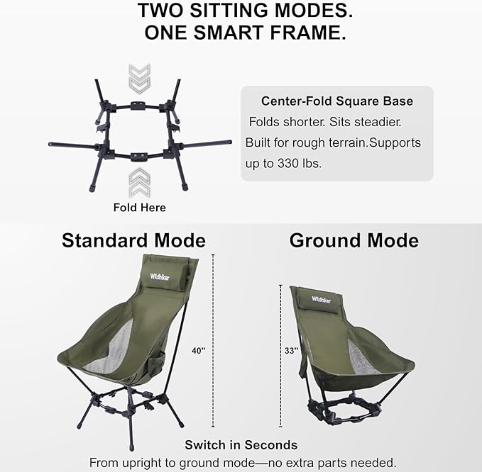 Wildhiker Portable High Back Folding Camping Chairs – Compact with Dual Sitting Modes, Pillow, Arm Pads and Side Pockets – Lightweight Chair for Motorcycle, RV, Festival, Travel – Green