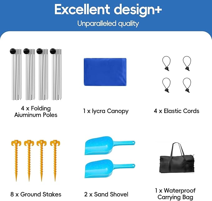 Beach Tent Sun Shelter 10x10ft, Shade Canopy, Sunshade UPF50+ with 8 Sandbags, Sand Shovels, Ground Pegs & Stability Poles, Portable Carry Bag for Family Party,Camping,Fishing,Backyard,Picnics