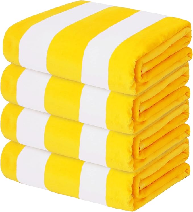 Exclusivo Mezcla 4 Pack Cotton Oversized 35x70 Inches Soft Cabana Stripe Thick Beach Towel, Super Absorbent Travel Bath Pool Towel (Yellow)