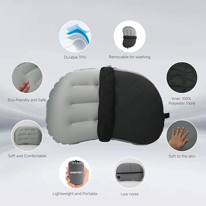 AIRSPIRIT Ultralight Camping Pillow Inflatable with Removable Washable Cover, Compact Travel Pillow for Neck Support, Hiking, Backpacking, Office, Airplane, Car & Beach - Adjustable Firmness (Black)