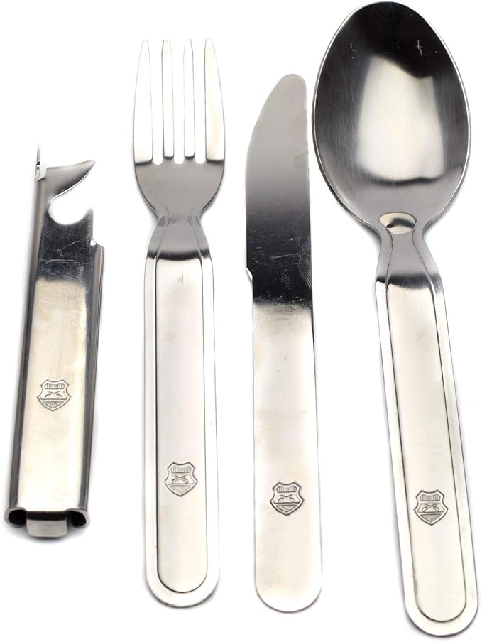 Original Hungarian army cutlery set 4 pieces. Eating utensils military issue spoon fork knife kit flatware multi-tool Camping bottle can opener stainless steel NEW