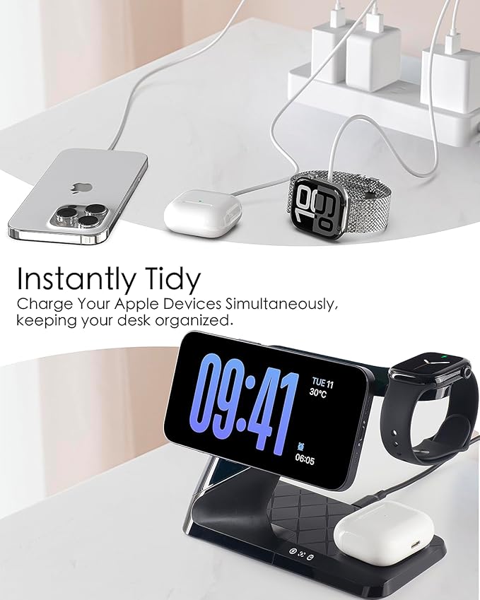 3 in 1 Charging Station for Apple Devices, Mag-Safe Charger Stand, Wireless Charger for iPhone 16/15/14/13/12 Series,& AirPods,& iWatch
