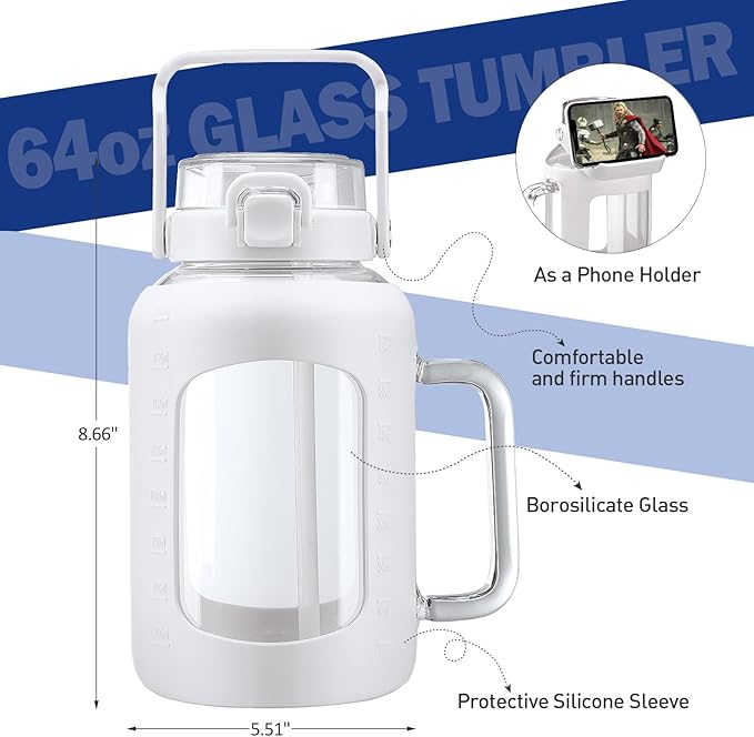 BLUEGO Water Bottle 64 oz Tumbler with Lid and Straw, Glass Water Bottle with Straw, Water Tumbler with Handle Half Gallon Water Jug Large Waterbottle for Daily Water Intake, BPA Free, White