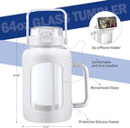 BLUEGO Water Bottle 64 oz Tumbler with Lid and Straw, Glass Water Bottle with Straw, Water Tumbler with Handle Half Gallon Water Jug Large Waterbottle for Daily Water Intake, BPA Free, White