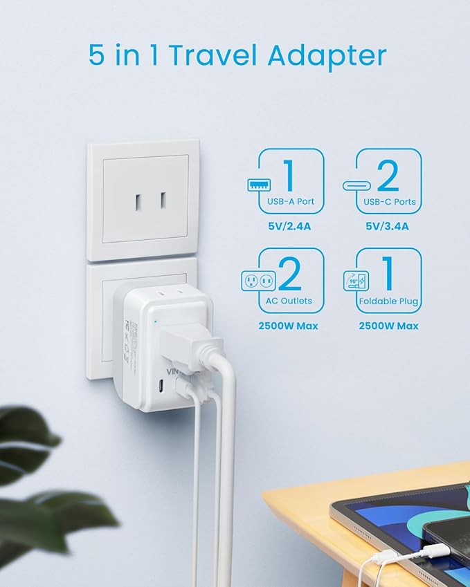 2 Pack US to Japan Plug Adapter, VINTAR Foldable Japan Travel Adapter with 2 Outlets and 3 USB Ports(2 USB C), 2 Prong to 3 Prong Outlet Adapter for USA to Japan China Canada Philippine, Type A