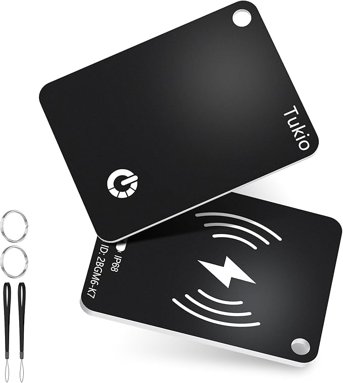 Smart Card (Black) 2 Pack, Smart Wallet Tracker Card Compatible with Apple Find My (iOS only), Bluetooth Tracker with Wireless Charging, IP68 Waterproof Finder, Item Finder with Key Ring/Nylon Lanyard