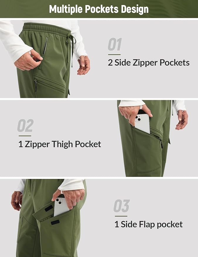 baleaf Men's Fleece Lined Hiking Cargo Pants Softshell Water Resistant Snow Thermal Pants Winter Insulate with Zipper Pocket