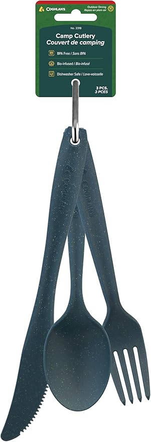 Coghlan’s Camp Cutlery Set – Lightweight, Durable & Eco-Friendly – Wheat Straw Bio-Infused – Full-Sized Knife, Fork & Spoon with Carabiner – BPA-Free, Dishwasher Safe Camping Utensils