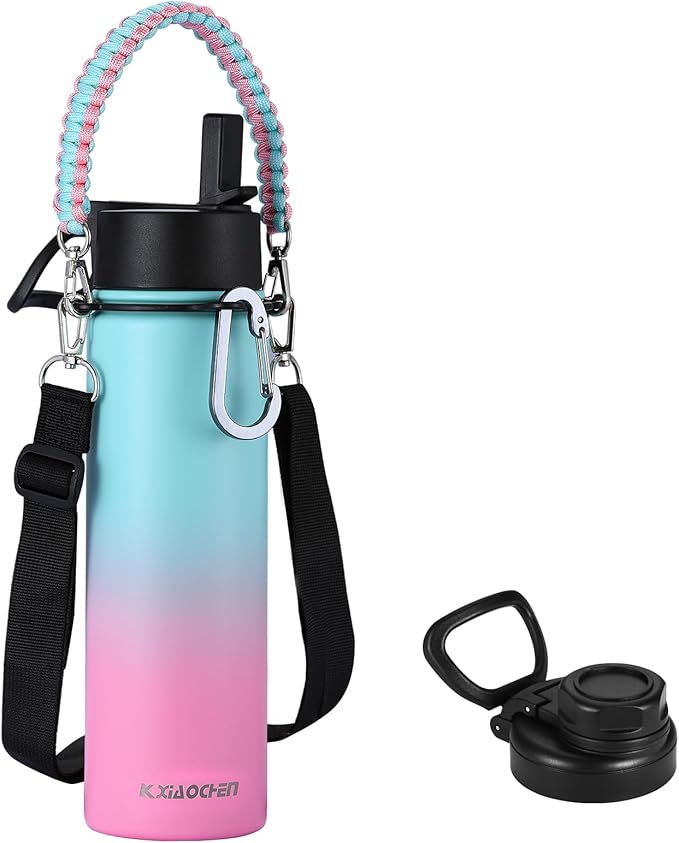 KXIAOCHEN Insulated Water Bottle, Stainless Steel Water Bottle, 2 Lids (Straw and Handle Lid),Wide Mouth Metal Water Bottles Keep Hot and Cold, Double Walled, Thermo Mug, Metal Canteen